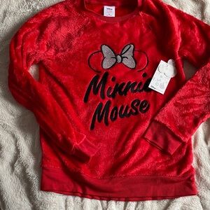 🆕 Disney Red Fleece/Faux Fur Minnie Mouse Pullover - Sparkly Bow